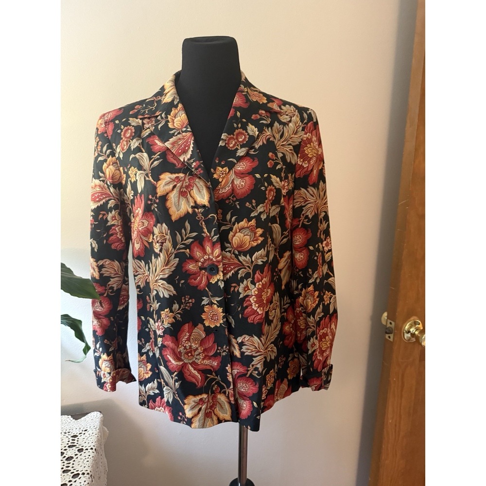 TALBOTS LINED BLAZER 10P 100% cotton floral black orange red design